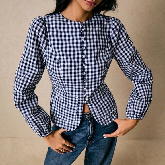 Black And White Casual Women's Versatile Plaid Waist Cinched Long Sleeve Fitted - Picture 4 of 7